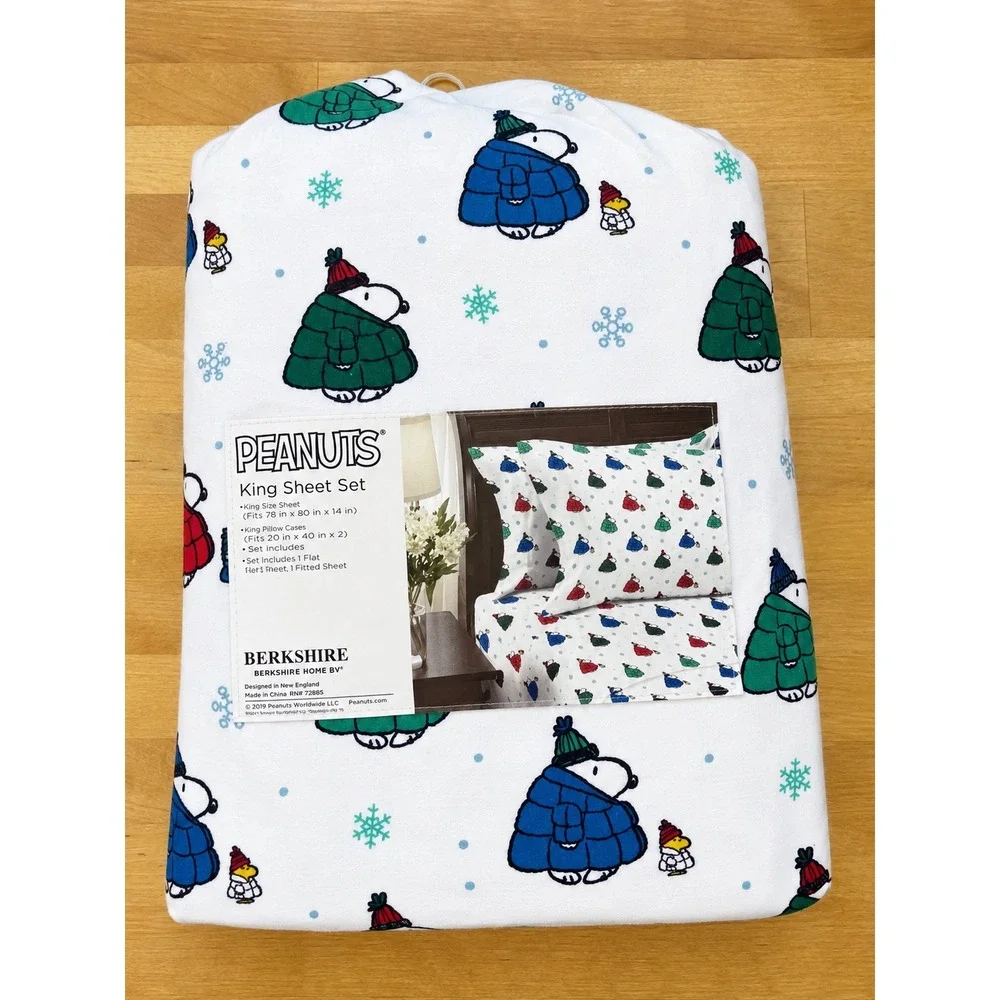Peanuts Snoopy Woodstock Puffer Jacket King Sheet Set Berkshire Winter Snow NEW